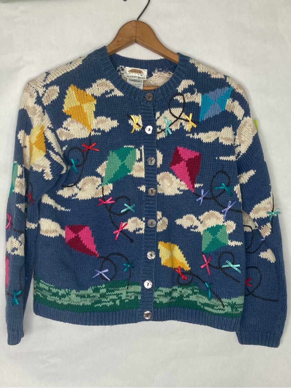 VTG 90s Talbots Hand Knit Kites Cardigan Sweater Medium Petite Cottagecore PM